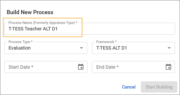 Modal to build a new evaluation process with highlighted process name field.